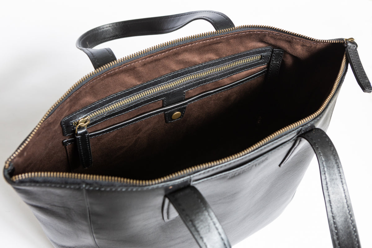 The Daily Zip-Tote | Black Leather Tote Bag | Albert Tusk Leather Goods Online