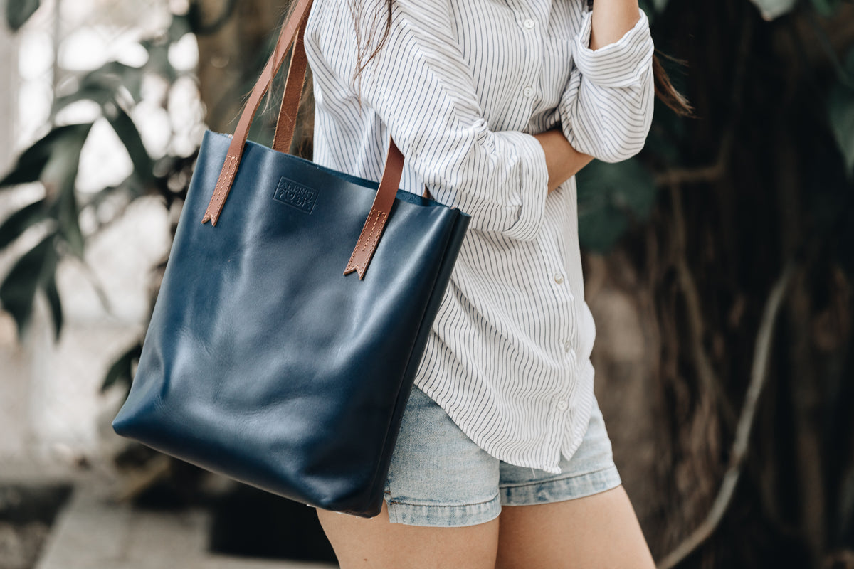 The Medium Tote | Blue Leather Tote Bag | Albert Tusk Leather Goods Online