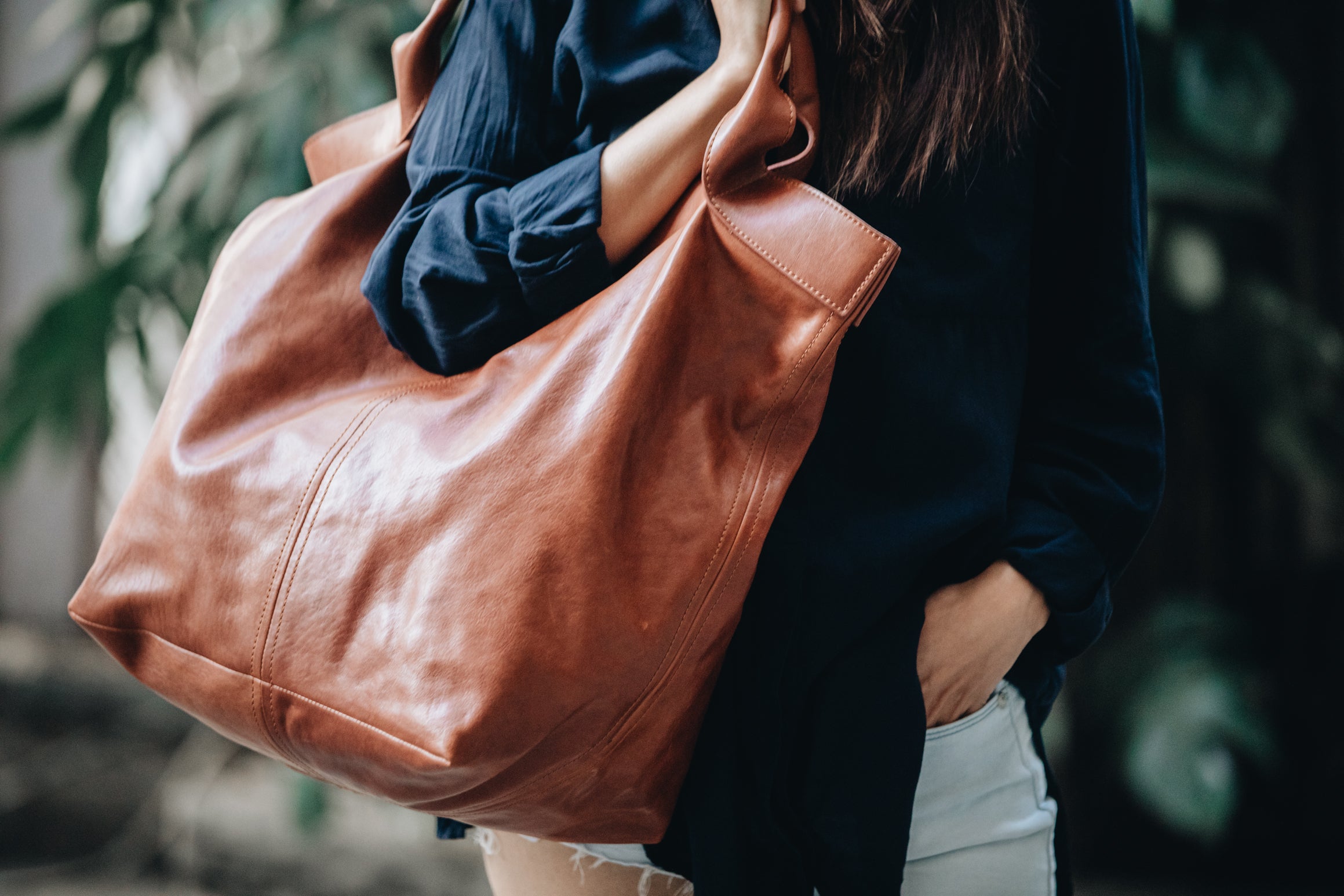 Tan Brown Leather Tote Bag